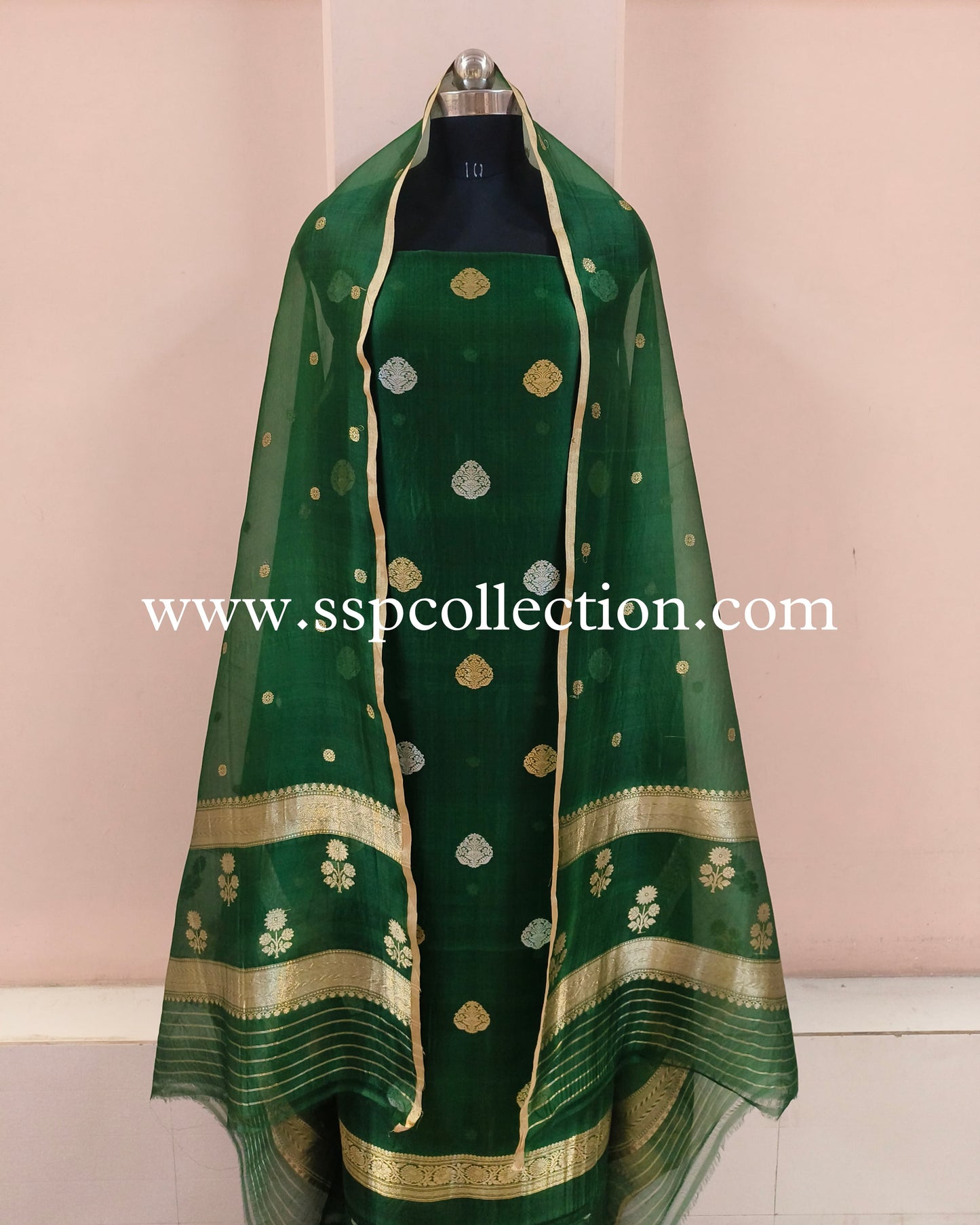 Bottle-Green Pure Kora Silk Banarasi Suit