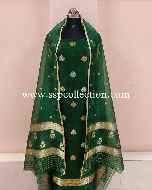 Bottle-Green Pure Kora Silk Banarasi Suit