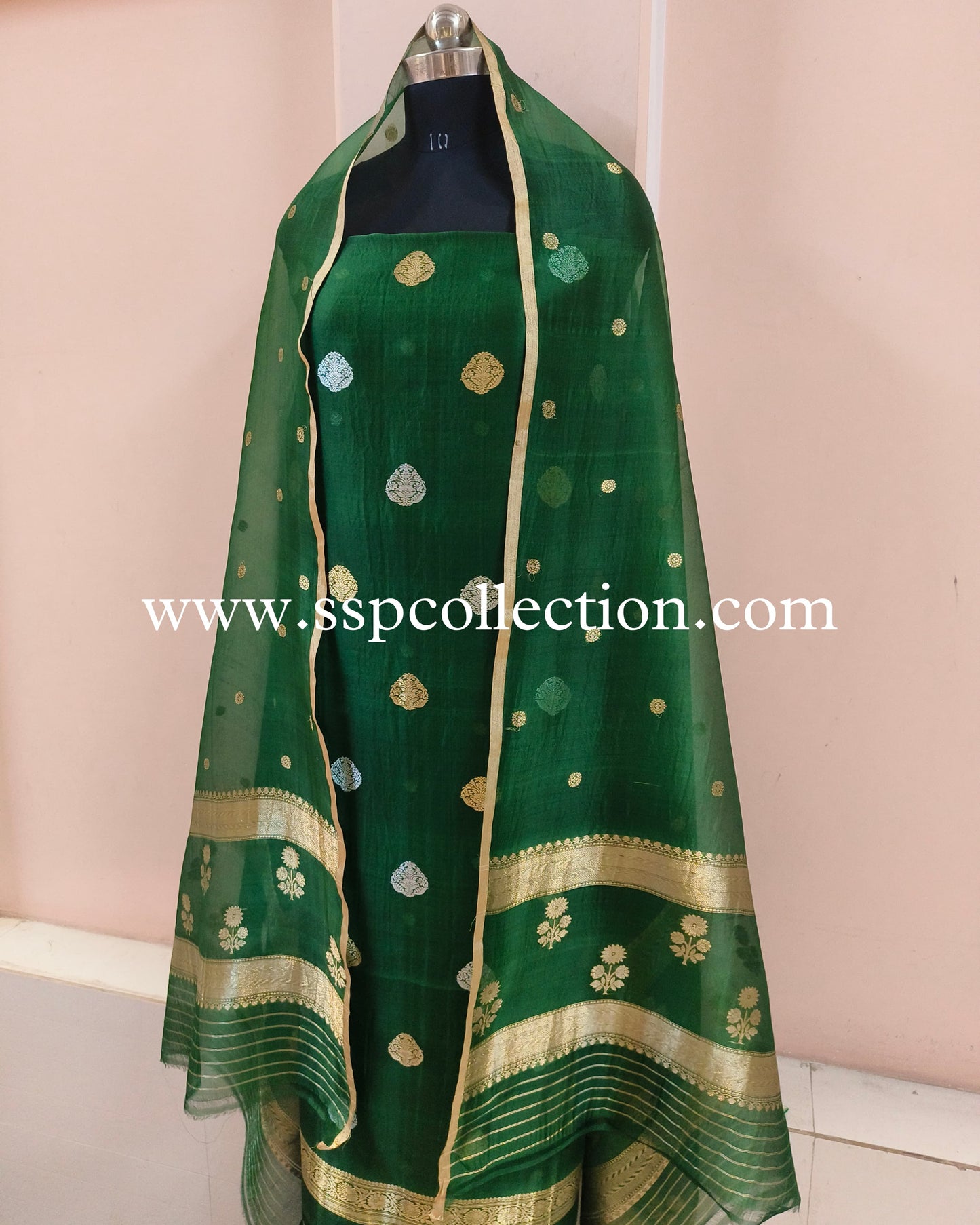 Bottle-Green Pure Kora Silk Banarasi Suit