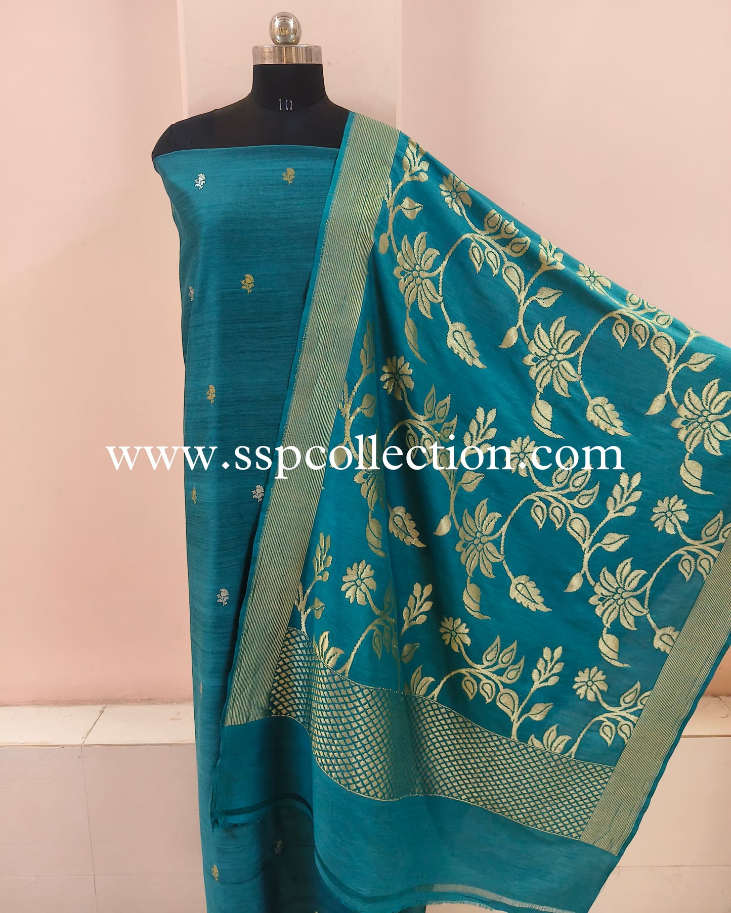 Teal-Green Pure Moonga Silk Banarasi Suit