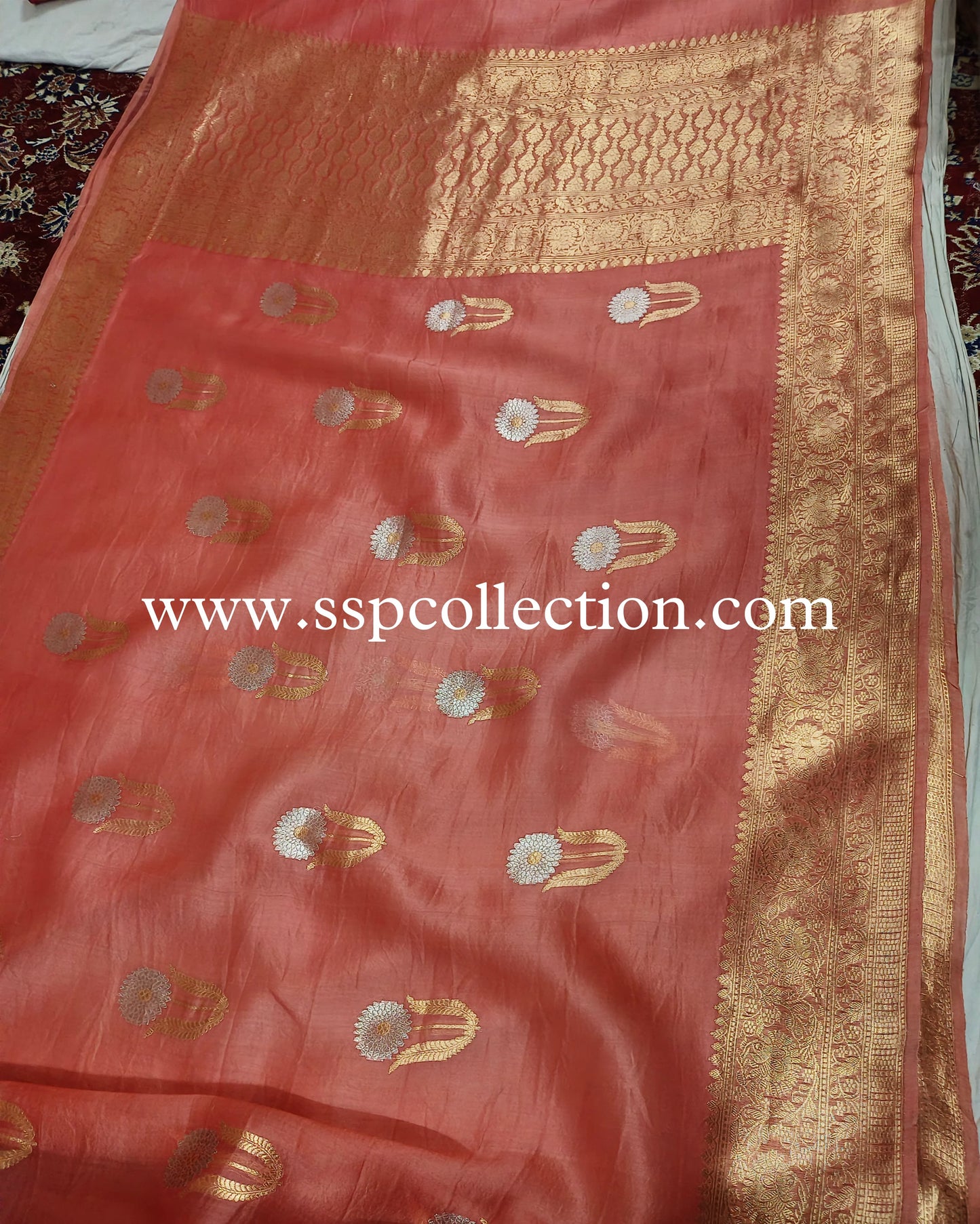 Peach Pure Kora Silk Banarasi Saree