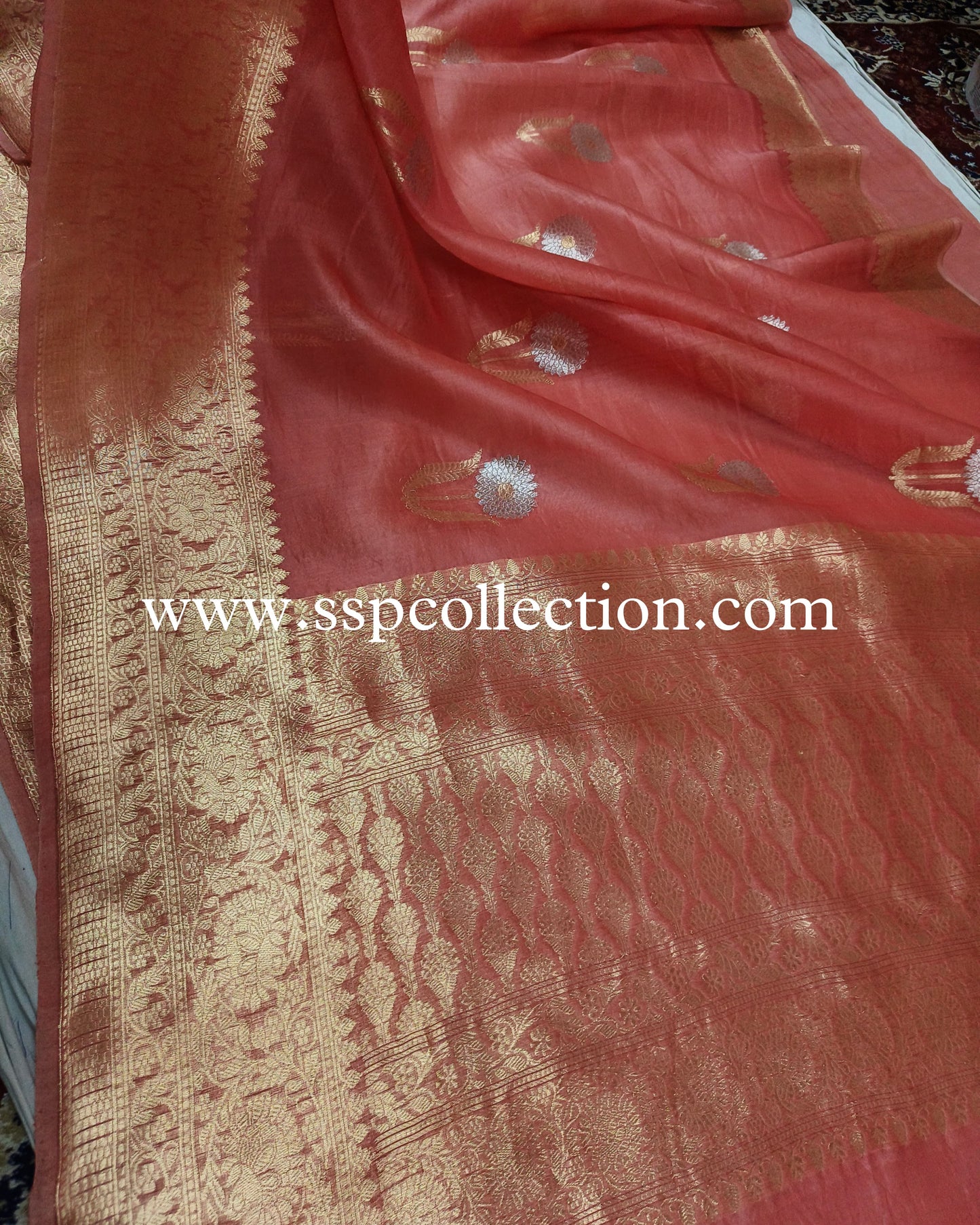 Peach Pure Kora Silk Banarasi Saree