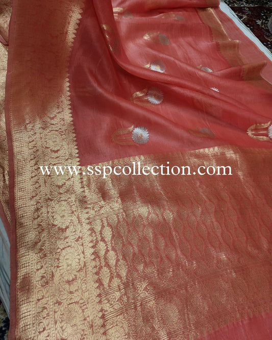 Peach Pure Kora Silk Banarasi Saree