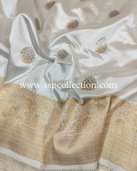 White Pure Mango Silk Banarasi Alfi Saree