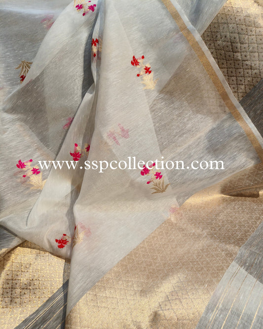 White Pure Kora Silk Banarasi Dupatta