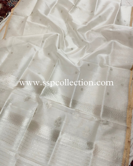 White Pure Kora Silk Banarasi Dupatta