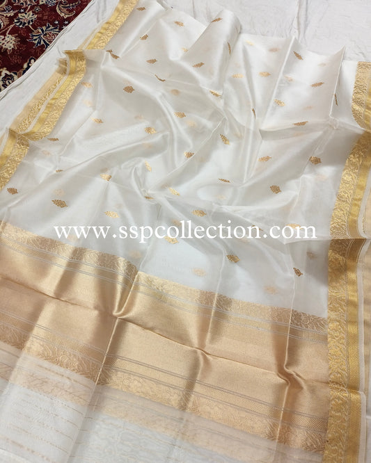 White Pure Kora Silk Banarasi Dupatta