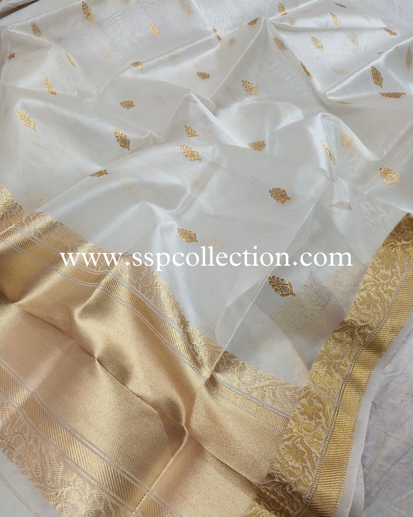 White Pure Kora Silk Banarasi Dupatta