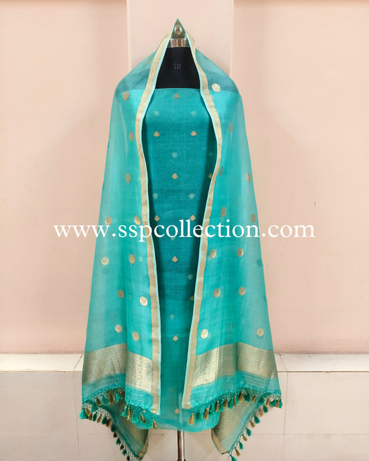 Sea-Green Pure Kora Silk Banarasi Suit