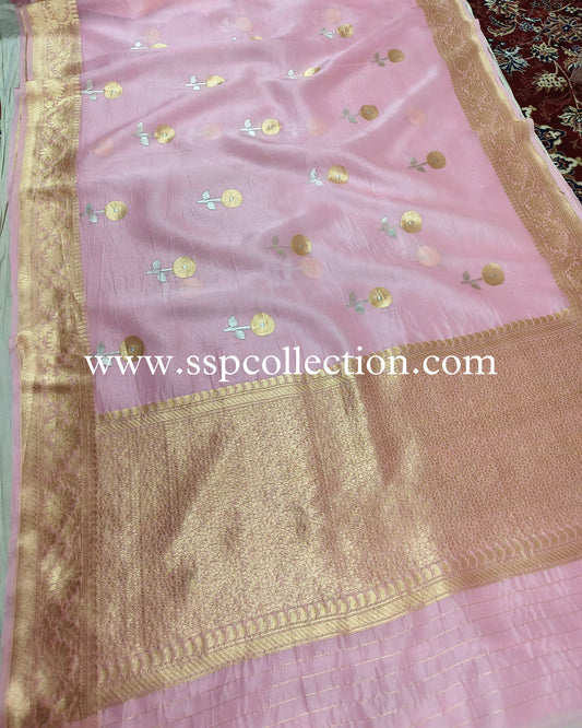 Light-Pink Pure Kora Silk Banarasi Saree