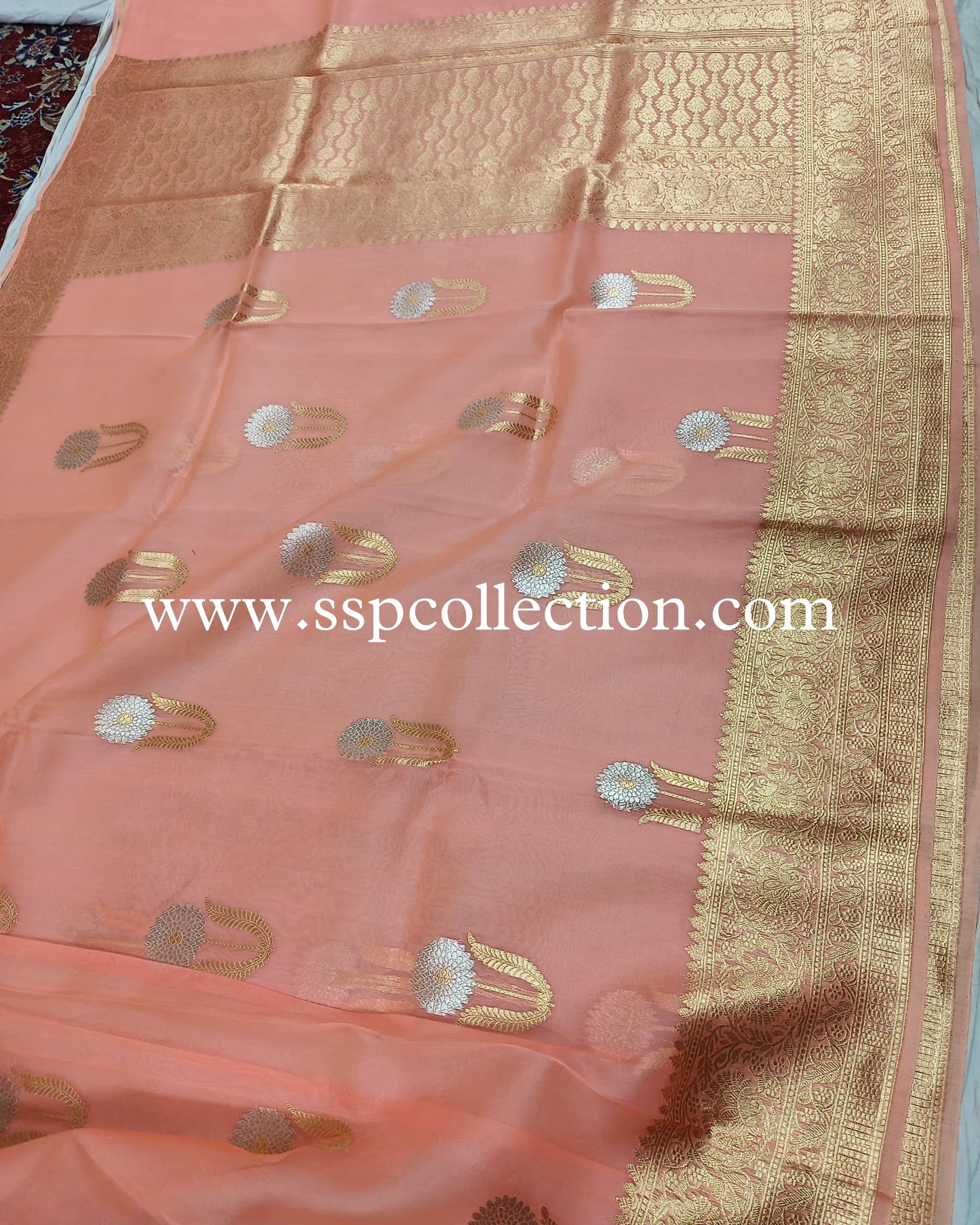 Peach Pure Kora Silk Banarasi Saree