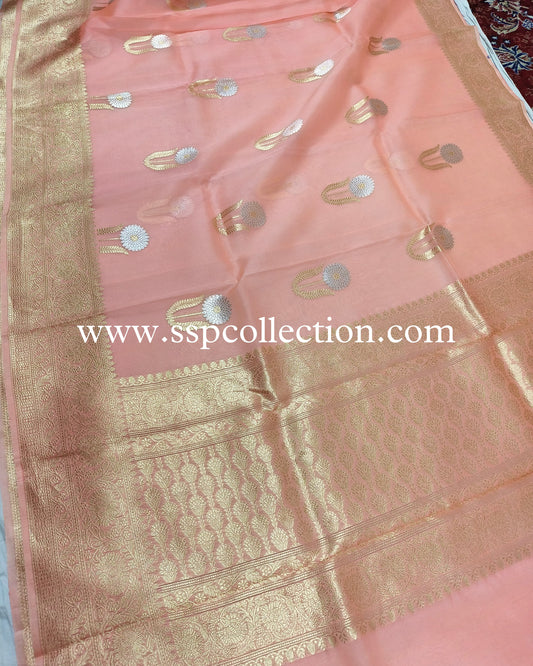 Peach Pure Kora Silk Banarasi Saree