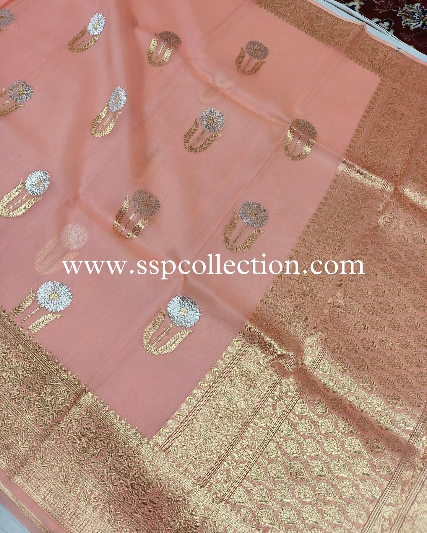 Peach Pure Kora Silk Banarasi Saree