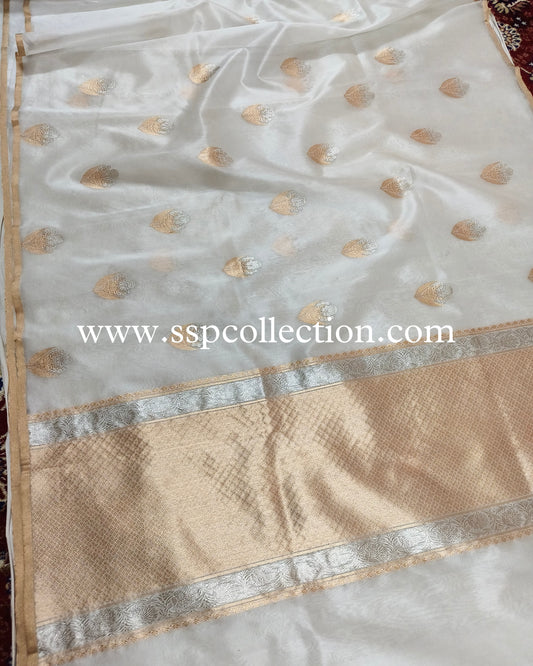 White Pure Kora Silk Banarasi Saree