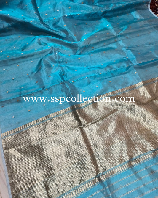 Sky-Blue Pure Tissue Silk Banarasi Saree