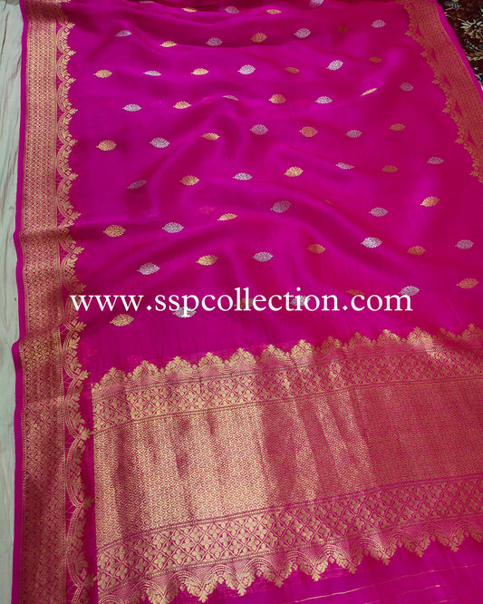Fuchsia-Pink Pure Kora Silk Banarasi Saree