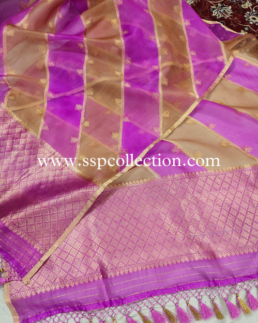 Magenta & Gold Banarasi Pure Kora Silk Rangkaat Dupatta