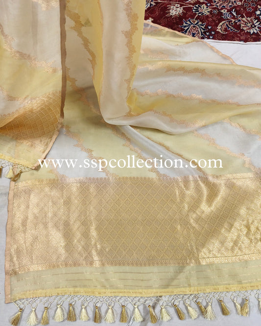 Cream Banarasi Pure Kora Silk Rangkaat Dupatta