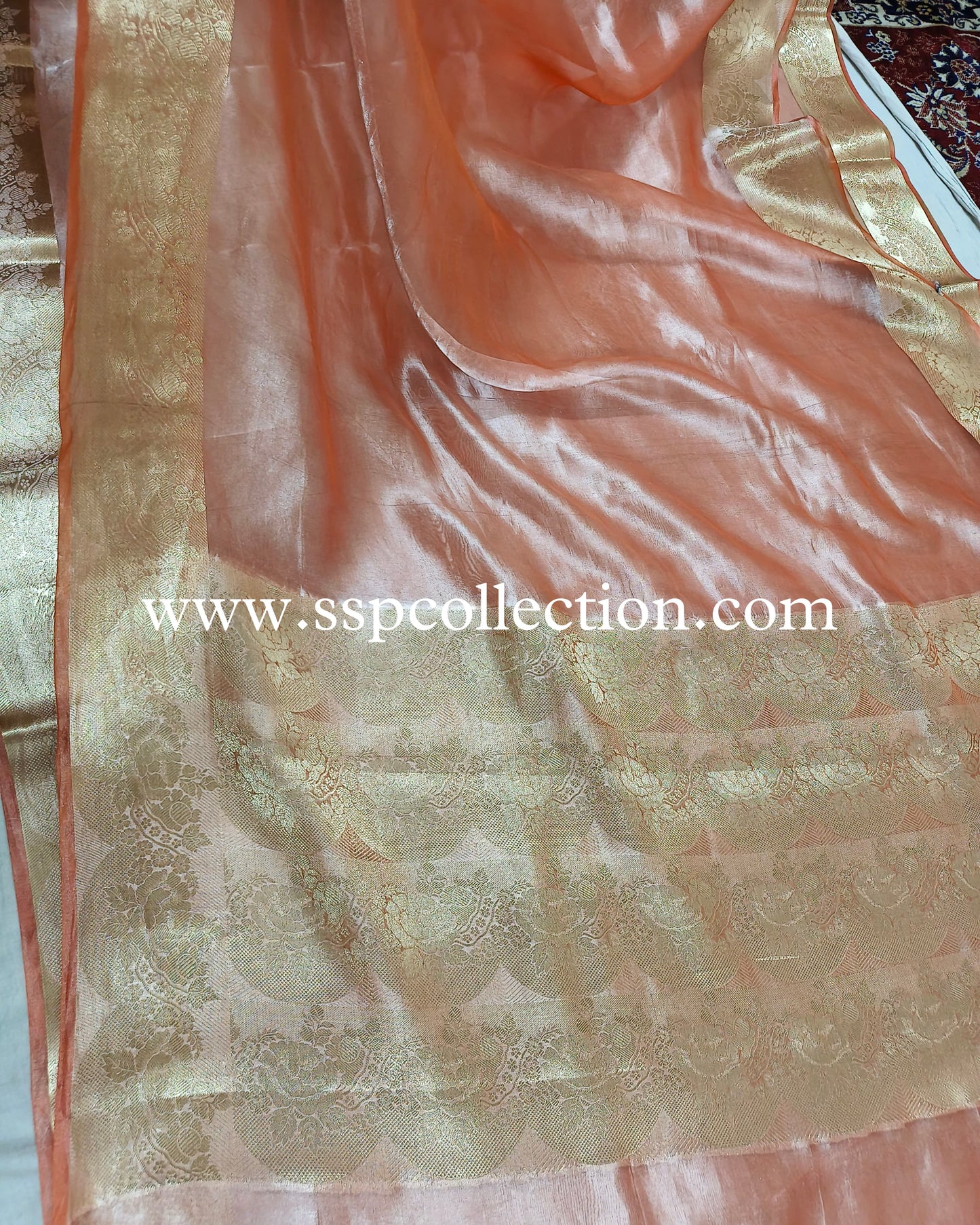 Peach Pure Tissue Silk Scallop Banarasi Saree