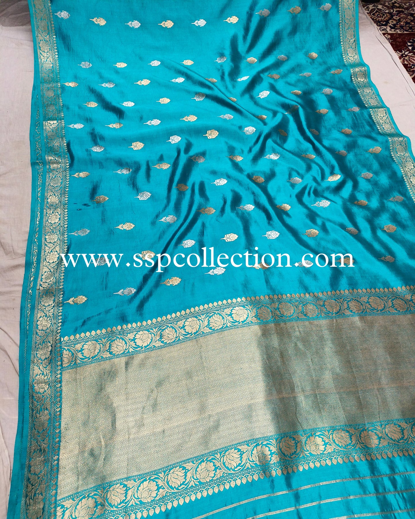 Blue-Green Pure Mango Silk Banarasi Saree