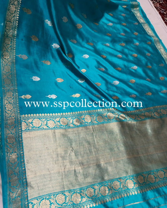 Blue-Green Pure Mango Silk Banarasi Saree