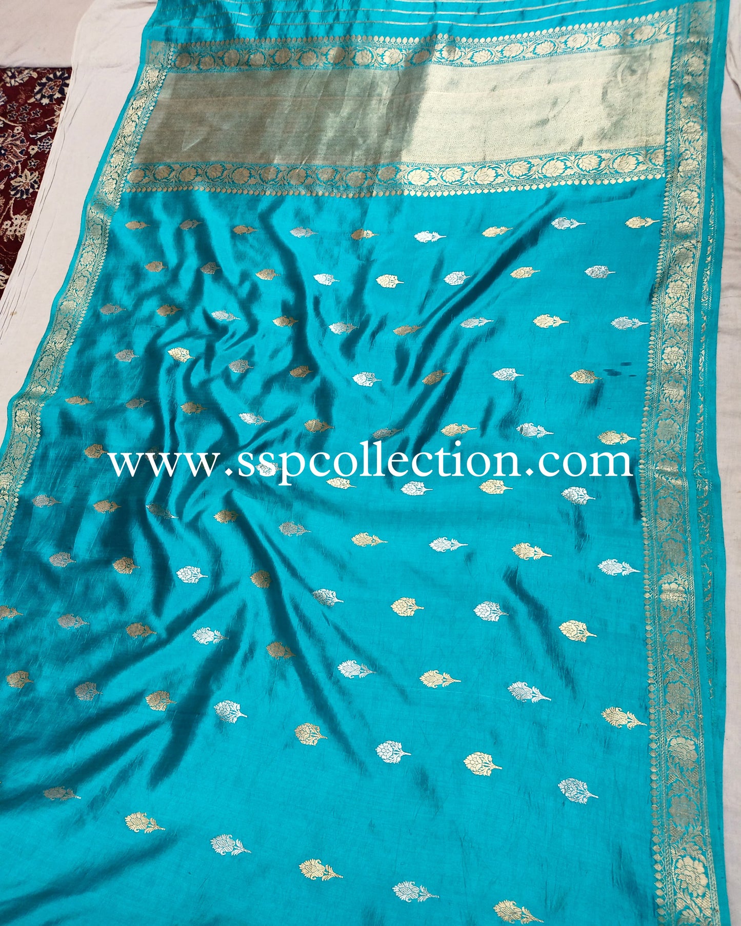 Blue-Green Pure Mango Silk Banarasi Saree
