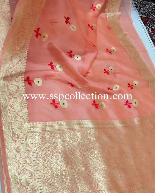 Peach Pure Kora Silk Banarasi Saree