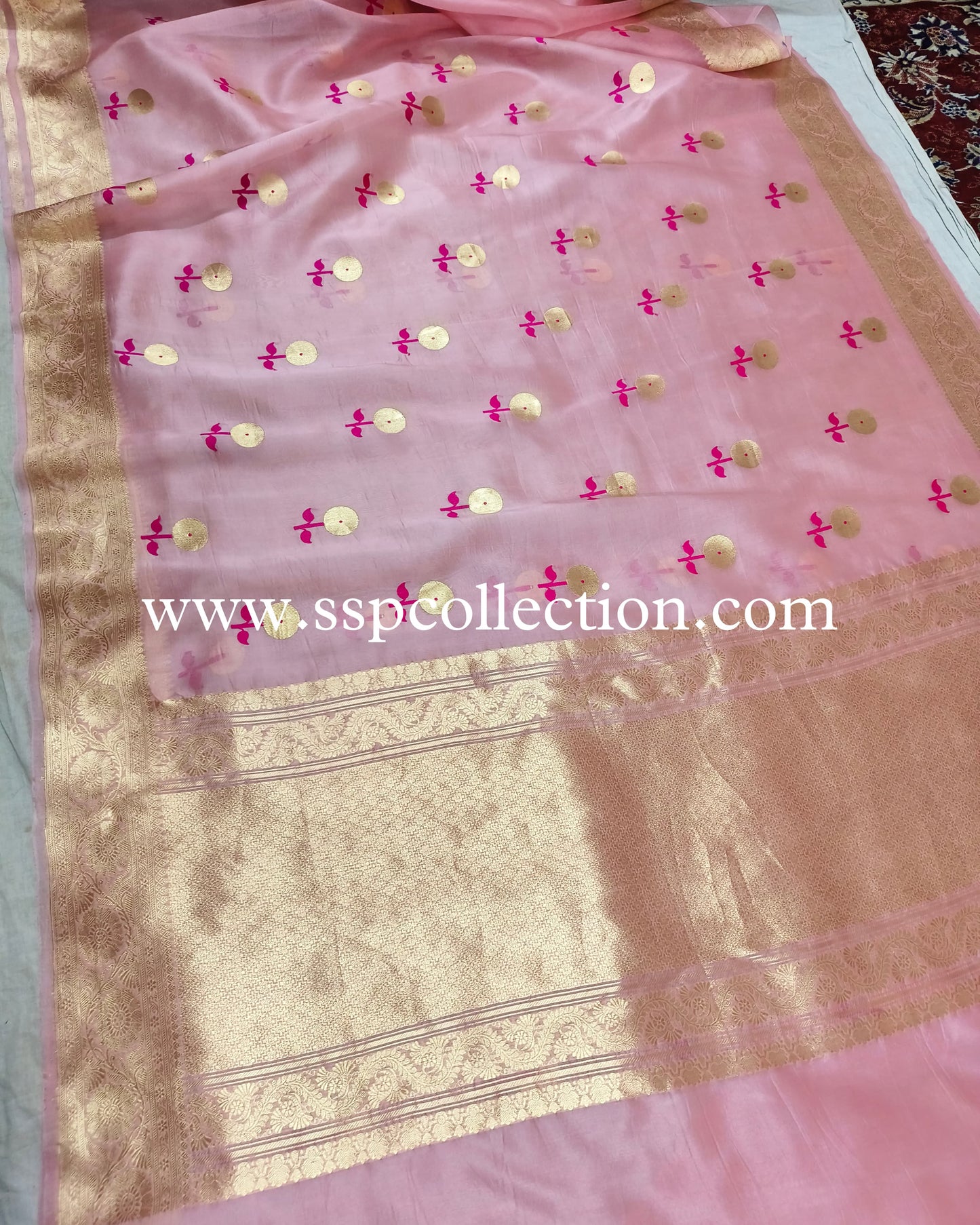 Baby-Pink Pure Kora Silk Banarasi Saree