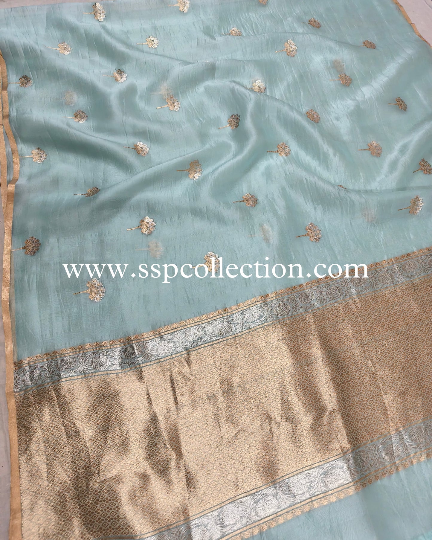 Powder-Blue Pure Kora Silk Banarasi Saree