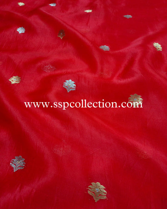Red Pure Kora Silk Banarasi Fabric