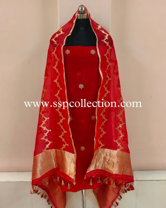 Red Pure Kora Silk Banarasi Suit