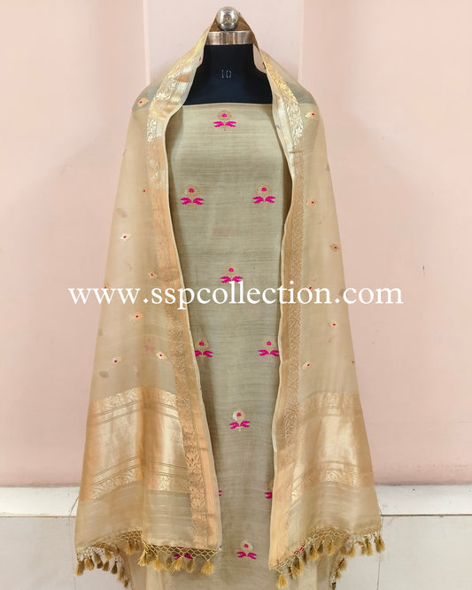Olive-Gold Handwoven Pure Banarasi Silk Suit