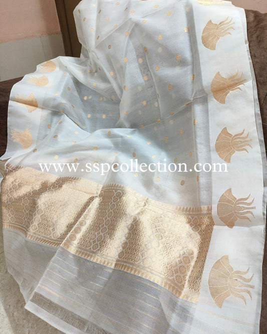 White Pure Kora Silk Banarasi Dupatta