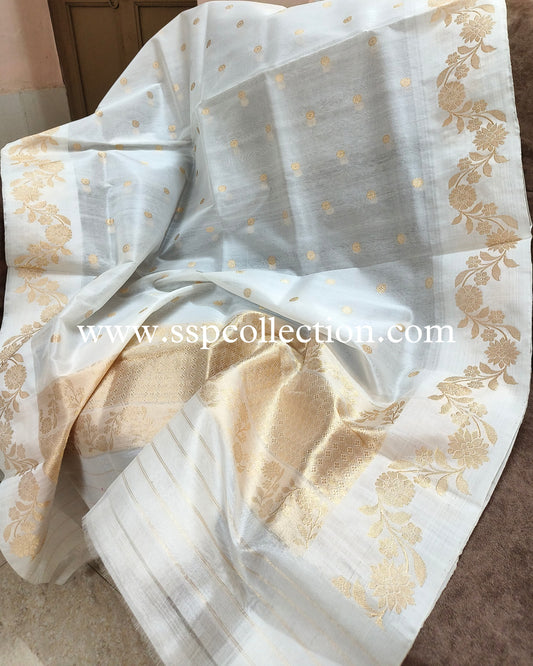 White Pure Kora Silk Banarasi Dupatta