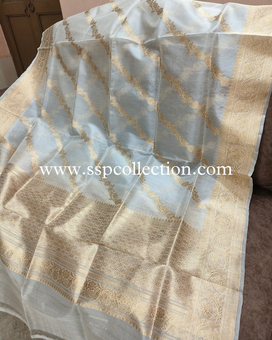White Pure Kora Silk Banarasi Dupatta