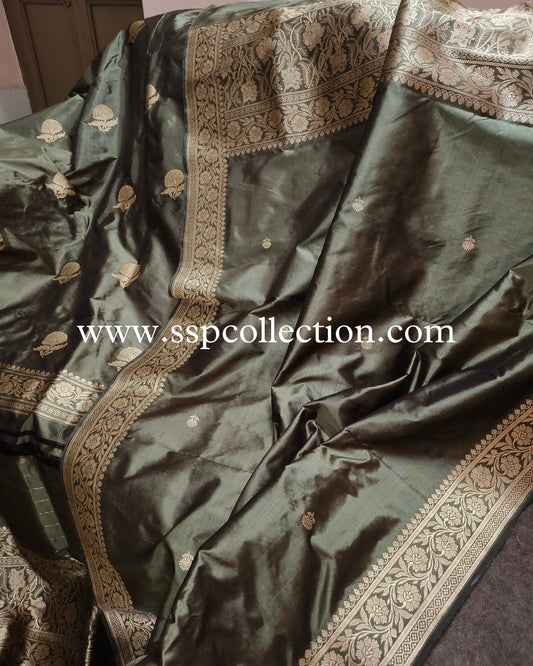 Hazel-Green Pure Katan Silk Banarasi Suit
