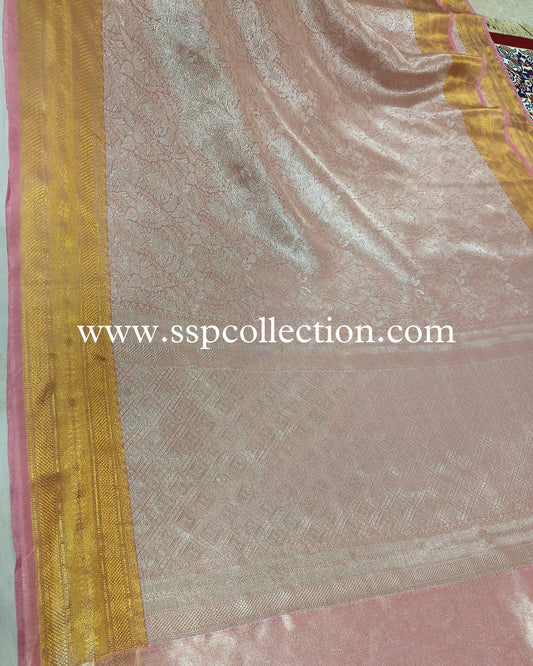 Light-Pink Pure Tissue Silk Silver Tanchoi Brocade Banarasi Saree