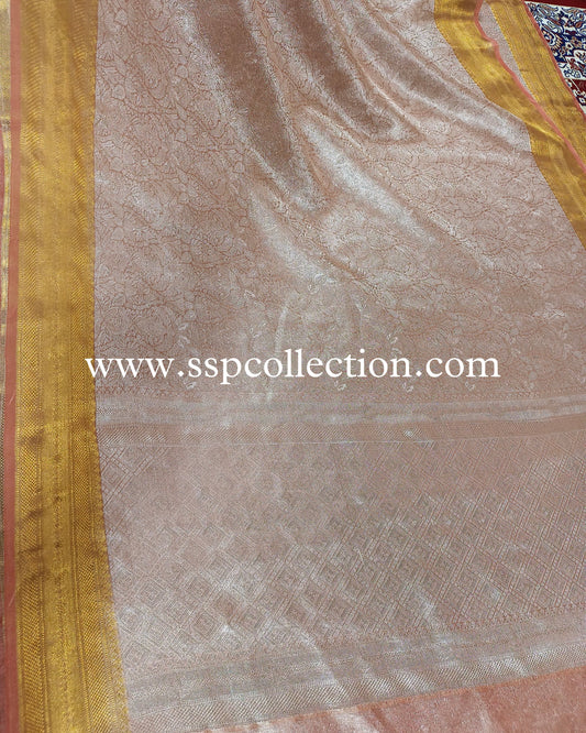 Peach Pure Tissue Silk Silver Tanchoi Brocade Banarasi Saree