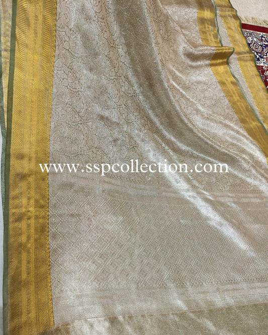 Hazel-Green Pure Tissue Silk Silver Tanchoi Brocade Banarasi Saree