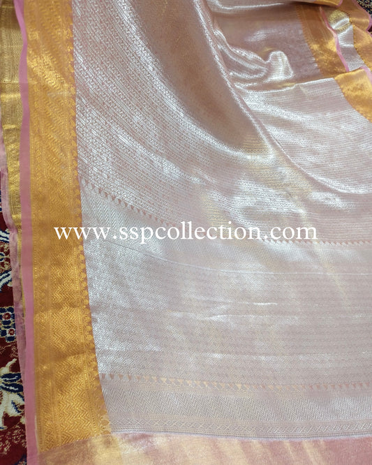 Light-Pink Pure Tissue Silk Silver Tanchoi Brocade Banarasi Saree