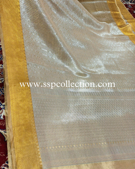 Beige-Gold Pure Tissue Silk Silver Tanchoi Brocade Banarasi Saree