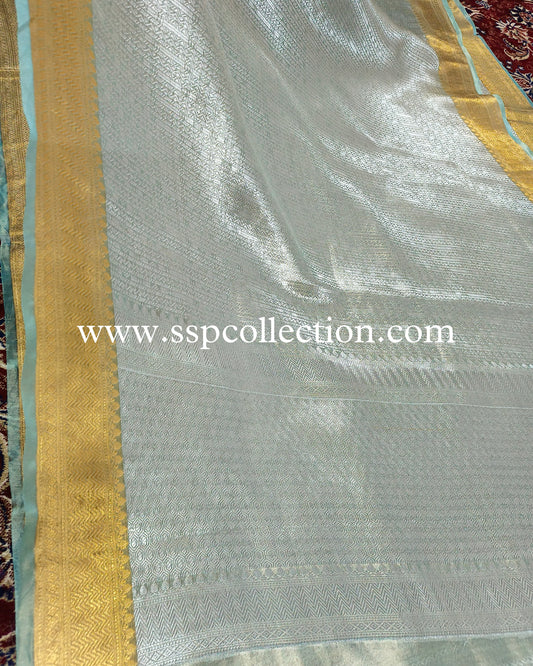 Mint-Green Pure Tissue Silk Silver Tanchoi Brocade Banarasi Saree