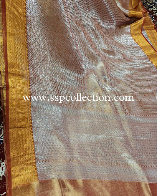 Rust Pure Tissue Silk Silver Tanchoi Brocade Banarasi Saree