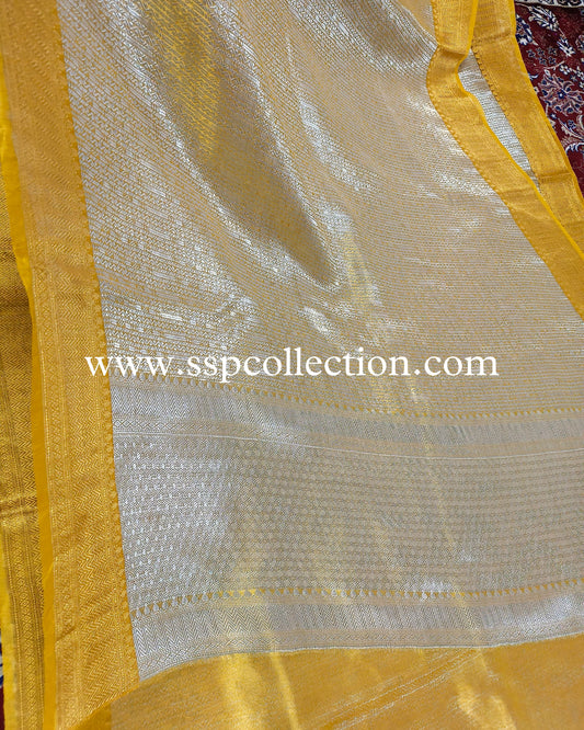 Yellow-Gold Pure Tissue Silk Silver Tanchoi Brocade Banarasi Saree