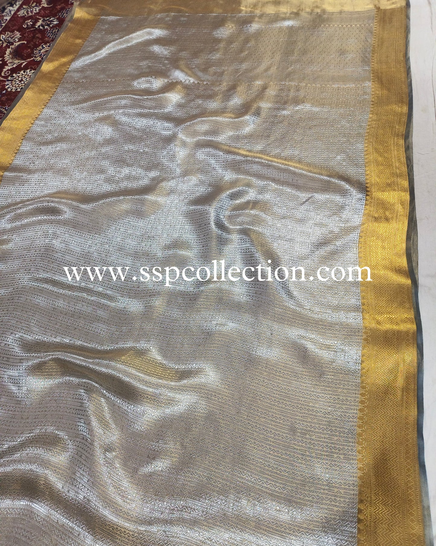 Greyish-Teal Pure Tissue Silk Silver Tanchoi Brocade Banarasi Saree