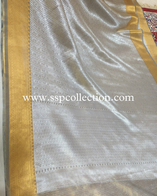 Greyish-Teal Pure Tissue Silk Silver Tanchoi Brocade Banarasi Saree