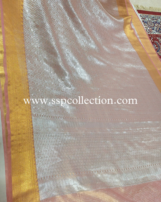 Onion-Pink Pure Tissue Silk Silver Tanchoi Brocade Banarasi Saree