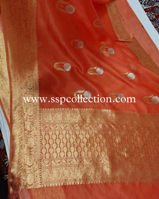 Burnt-Orange Pure Kora Silk Banarasi Saree