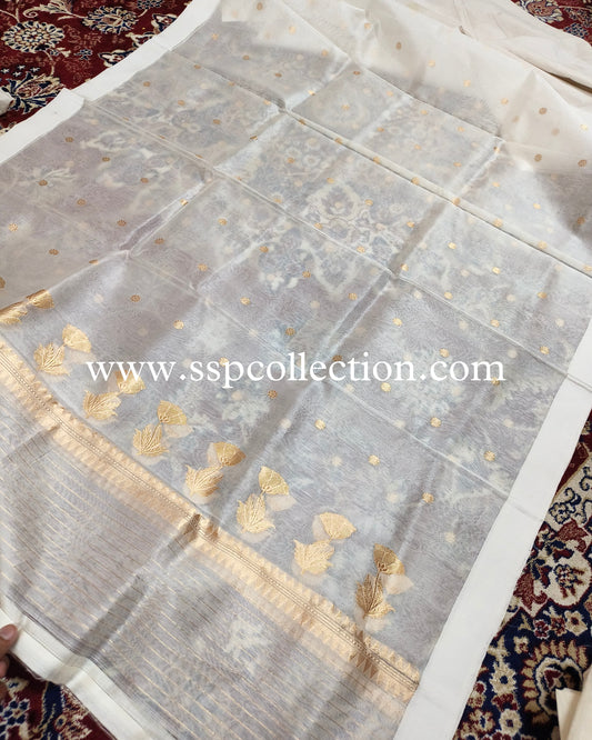 White Pure Kora Silk Banarasi Dupatta