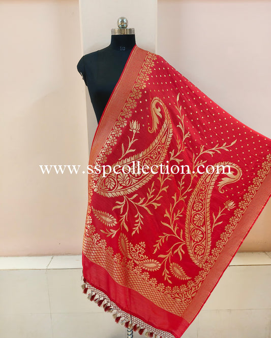 Red Pure Moonga Silk Banarasi Dupatta